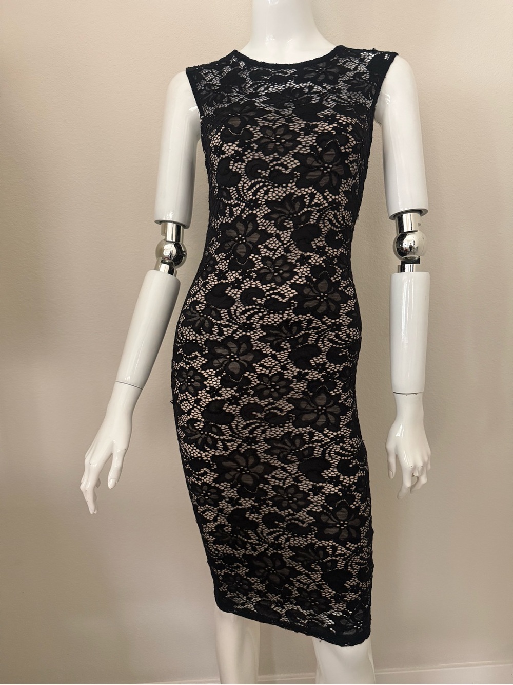 iris Black Floral Lace Sheath Dress with Nude Lining